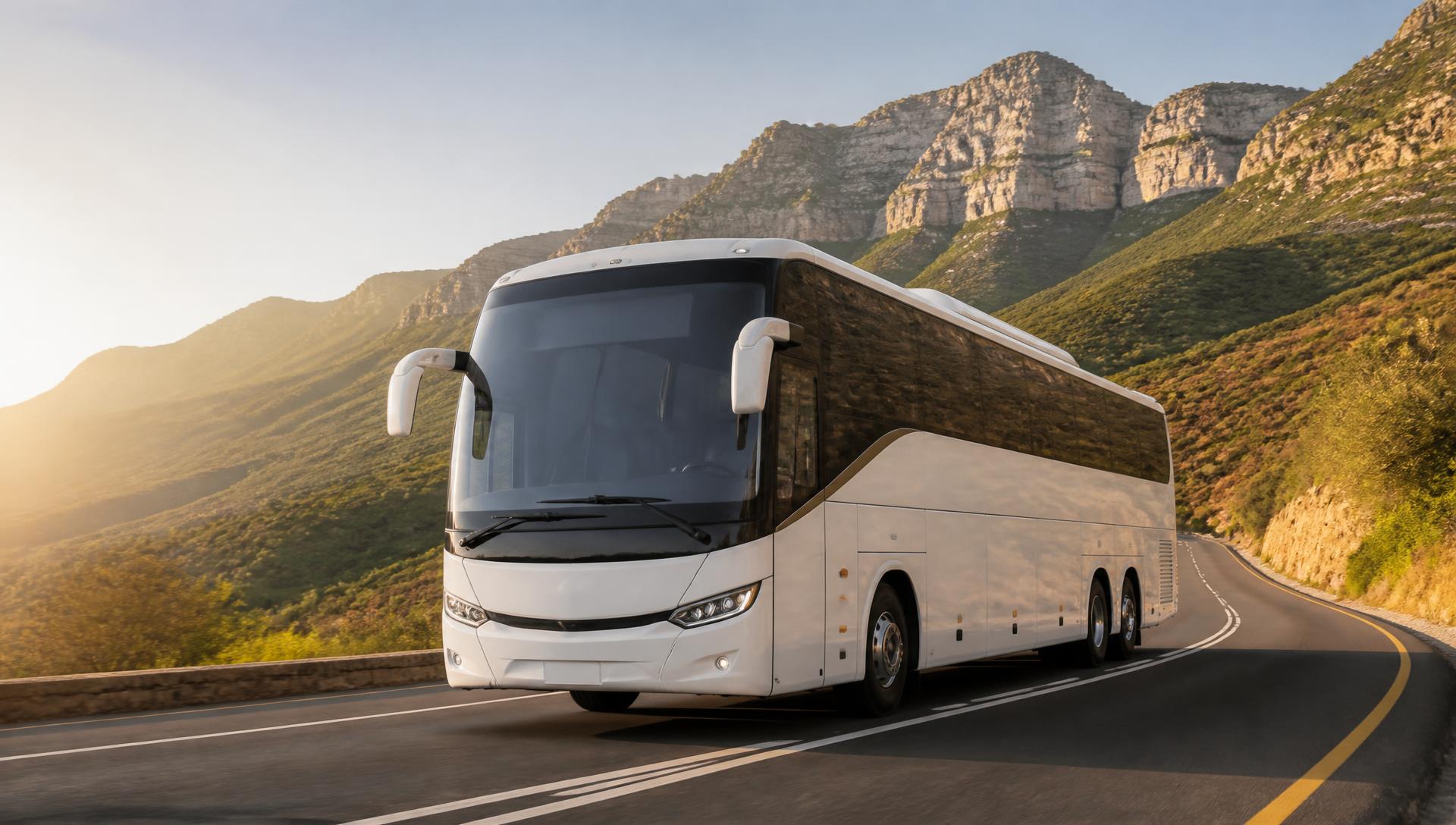 Passenger coach travelling on a scenic South African mountain road