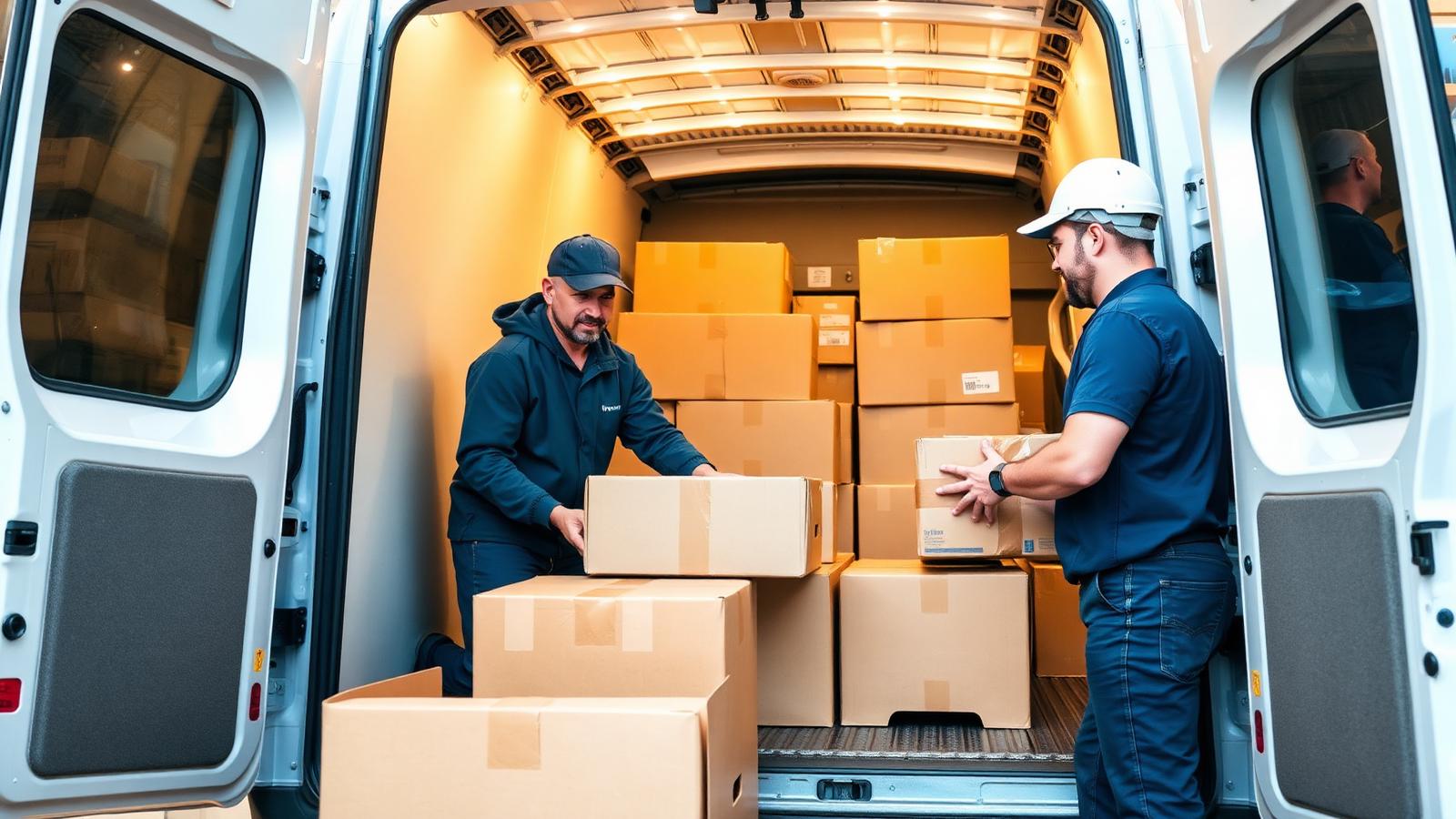 Workers loading supply cartons into a delivery van